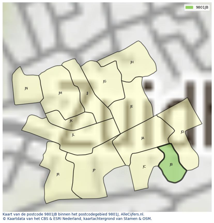 Afbeelding van het postcodegebied 9801 JB op de kaart.