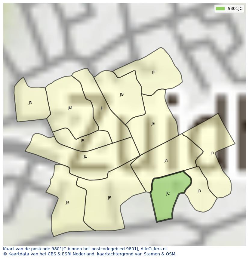 Afbeelding van het postcodegebied 9801 JC op de kaart.