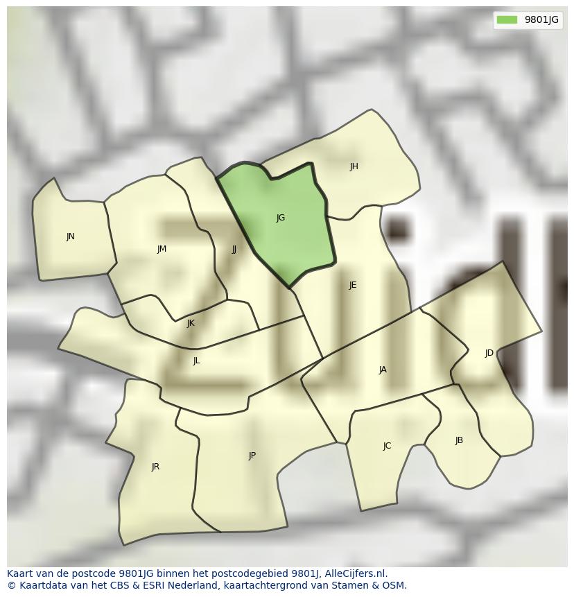 Afbeelding van het postcodegebied 9801 JG op de kaart.