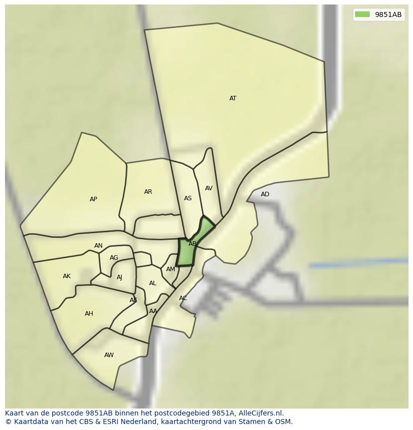 Afbeelding van het postcodegebied 9851 AB op de kaart.