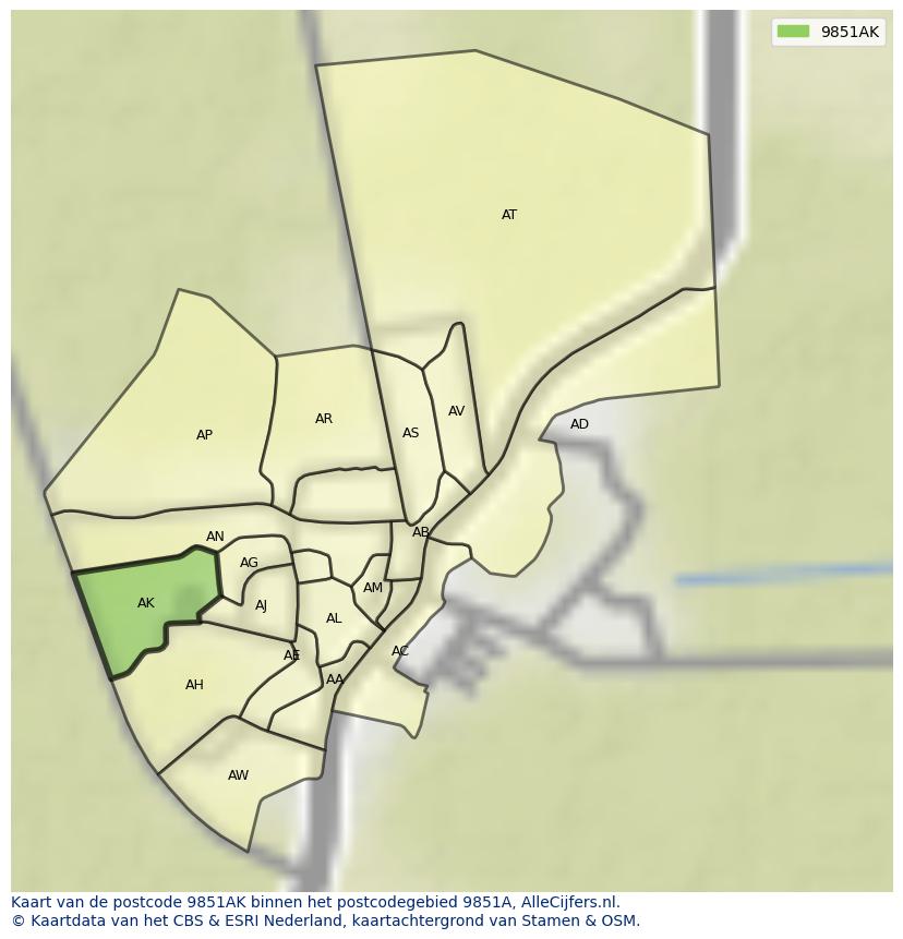 Afbeelding van het postcodegebied 9851 AK op de kaart.