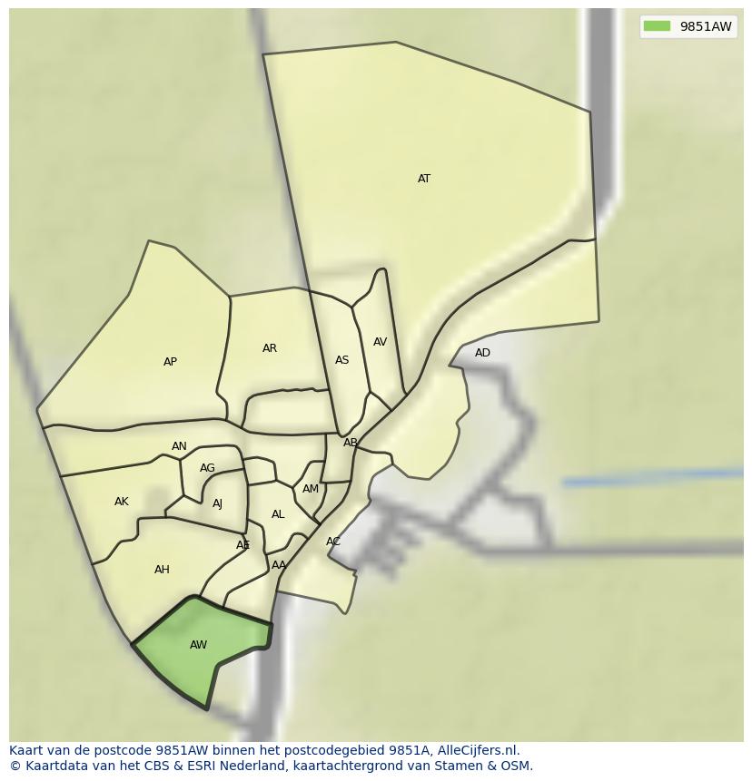 Afbeelding van het postcodegebied 9851 AW op de kaart.
