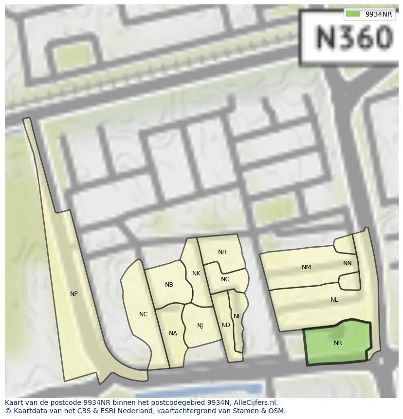 Afbeelding van het postcodegebied 9934 NR op de kaart.
