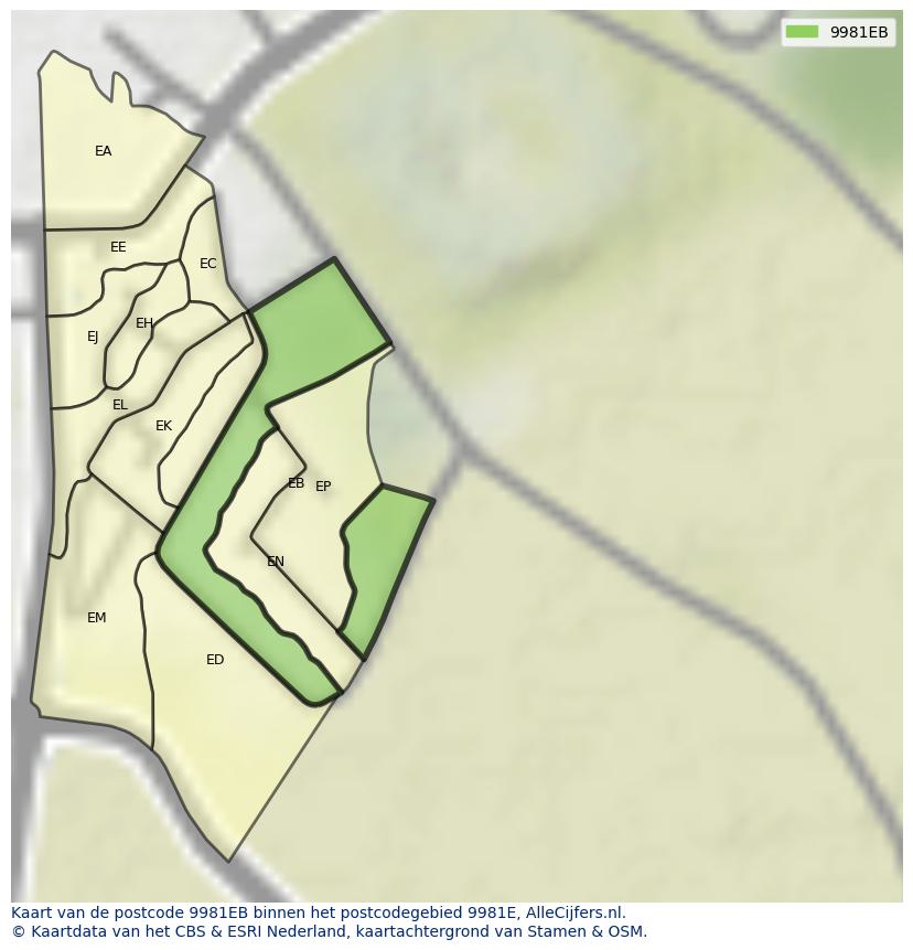 Afbeelding van het postcodegebied 9981 EB op de kaart.
