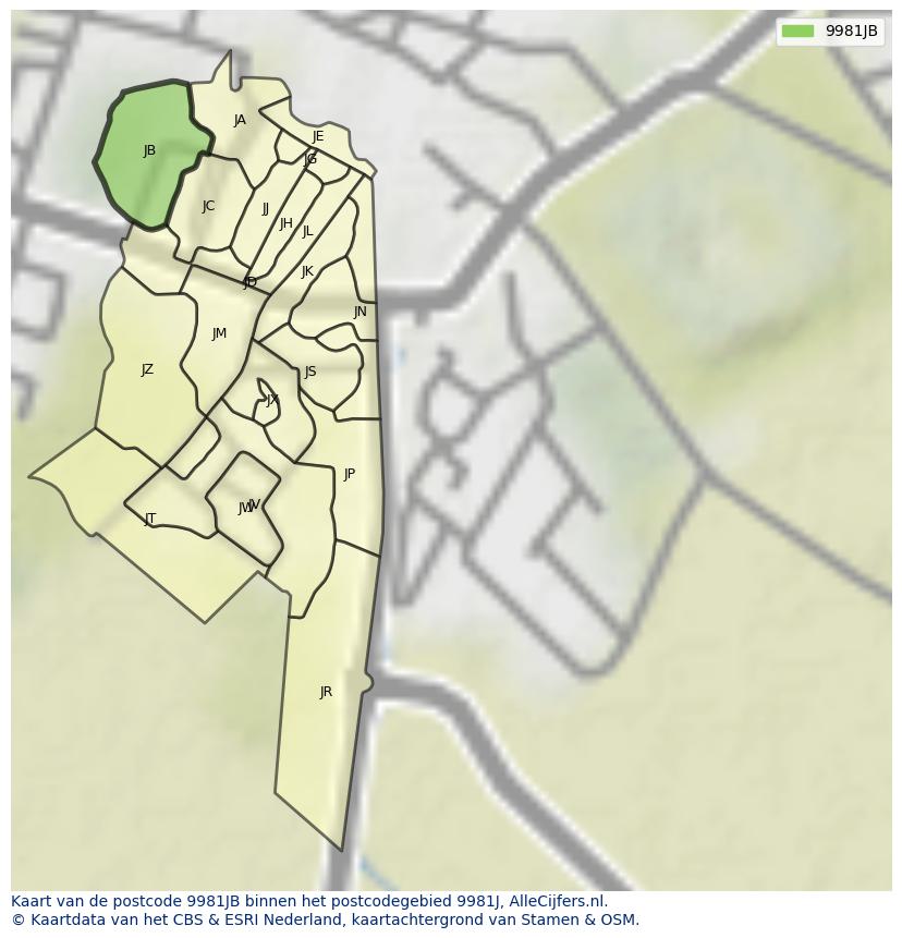 Afbeelding van het postcodegebied 9981 JB op de kaart.