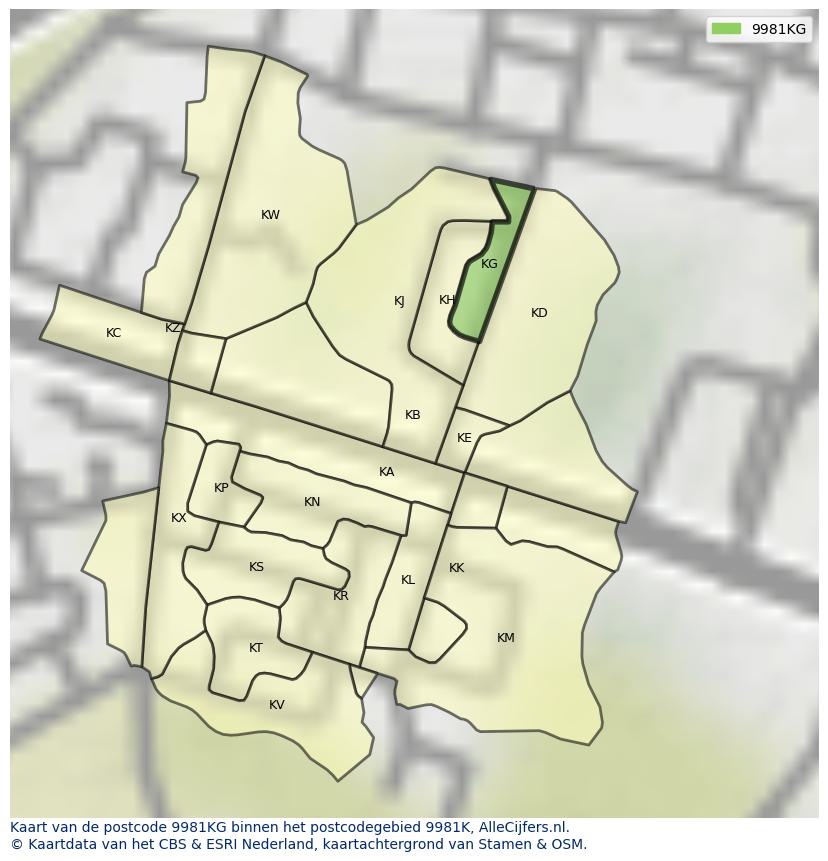 Afbeelding van het postcodegebied 9981 KG op de kaart.