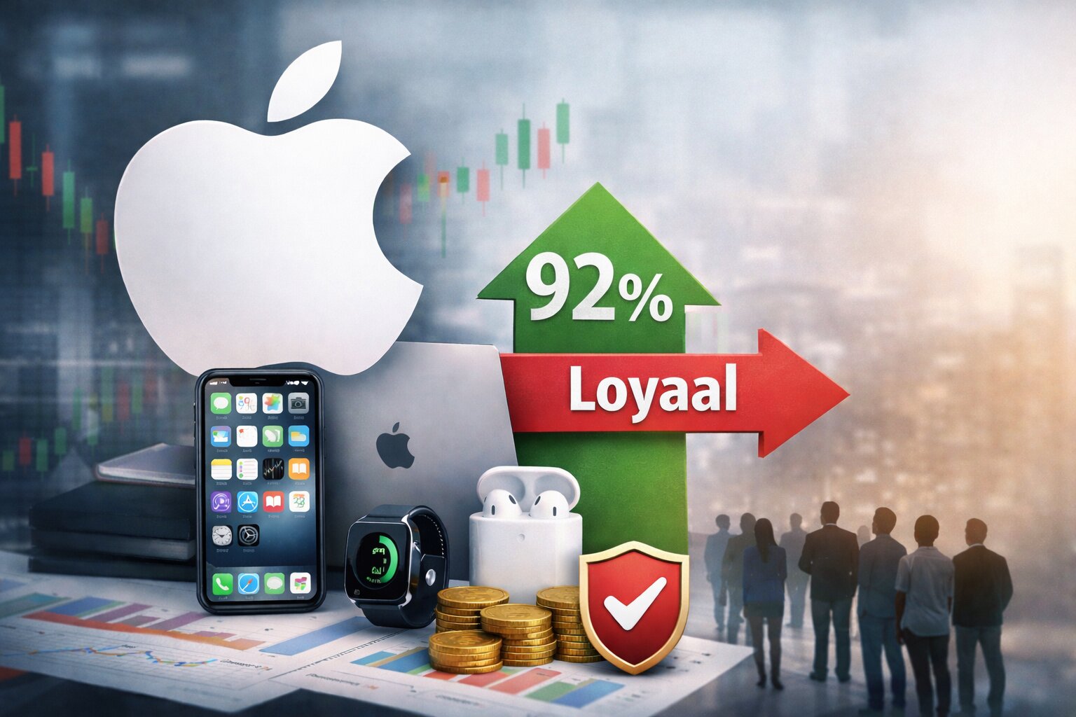 Visualisatie van Apple-loyaliteit met iPhone, Apple Watch en grafiek met 92% retentie.