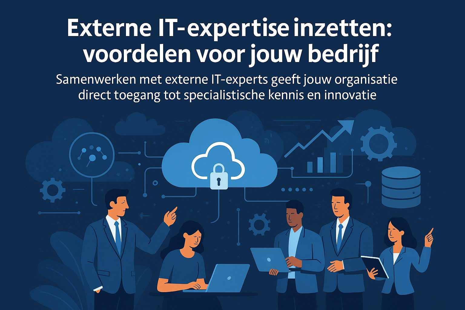 Een afbeelding met een team van IT-specialisten in overleg of een abstracte visual met cloud, data en netwerken.