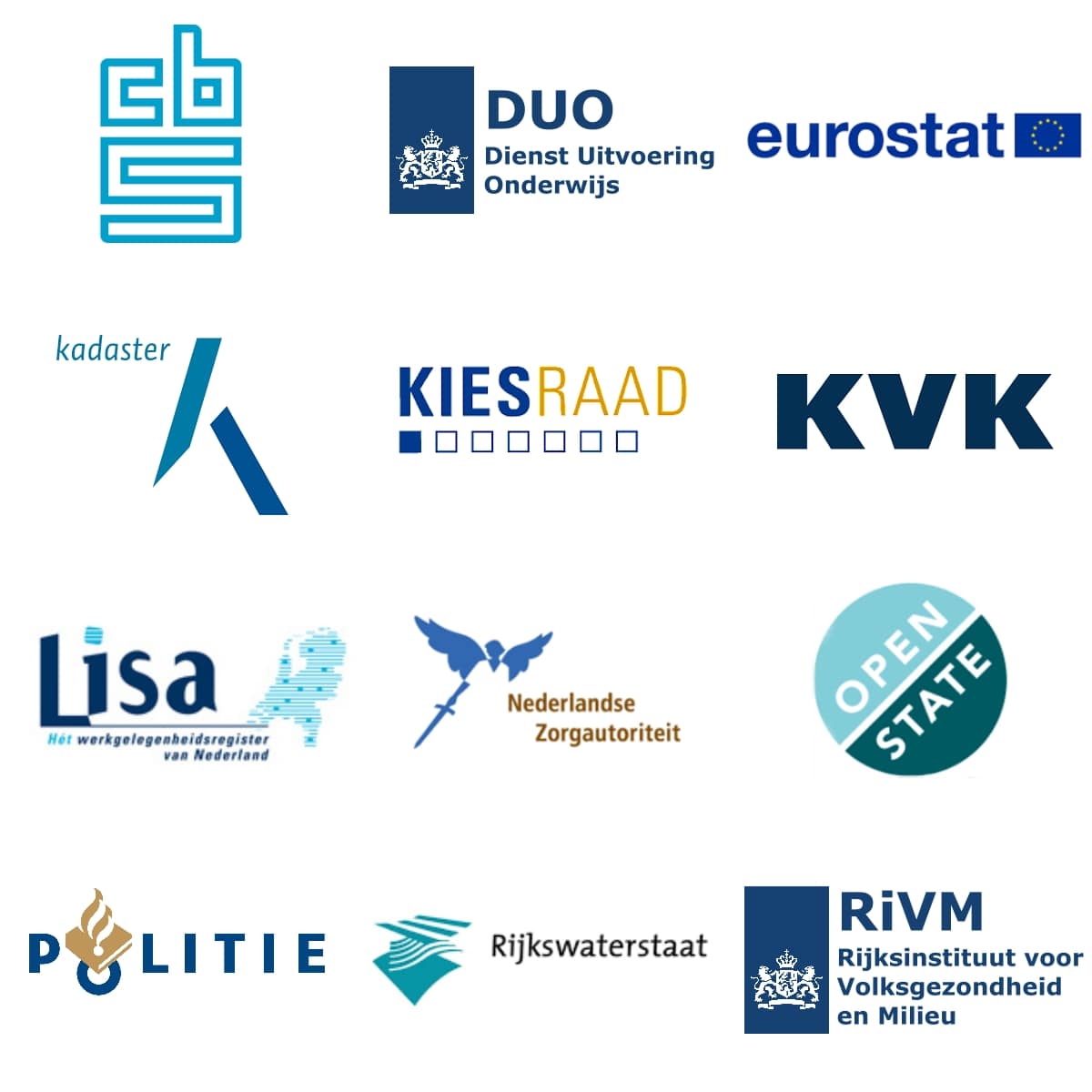Logo's van 9 belangrijke leveranciers van open data: CBS, DUO, eurostat, het Kadaster, de Kiesraad, KVK, Lisa, Nederlandse zorgautoriteit, Open State, Politie, Rijkswaterstaat en RIVM.