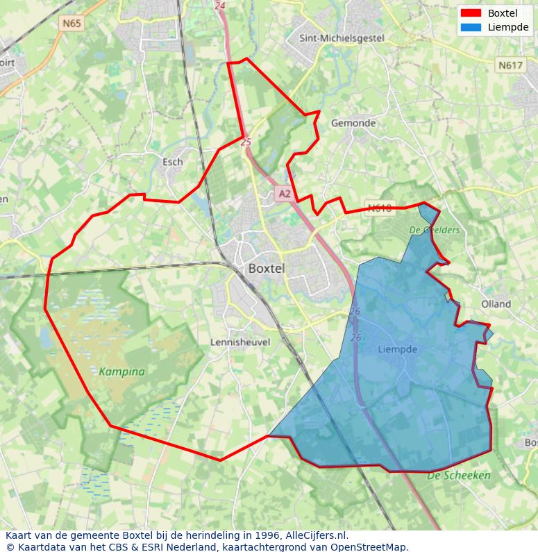 Afbeelding met een achtergrondkaart van OpenStreetMap en daarbovenop geometrische vormen van de gemeentelijke gebieden uit de data van het CBS. De geometrische vormen (polygonen) geven met eigen kleuren per gemeente de herindelingssituatie weer.