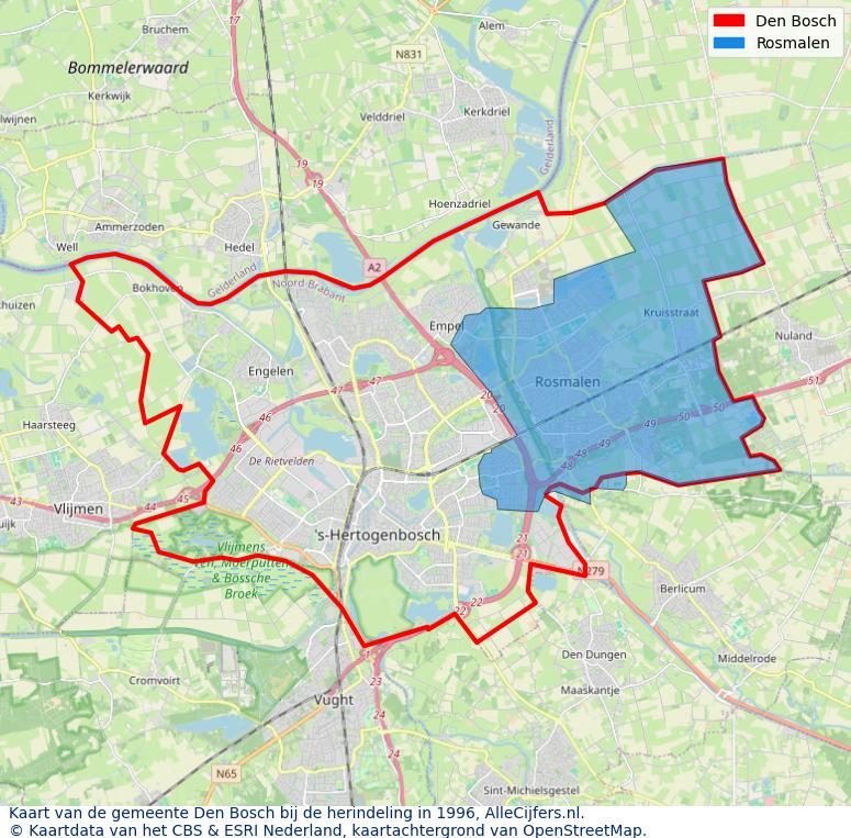 Afbeelding met een achtergrondkaart van OpenStreetMap en daarbovenop geometrische vormen van de gemeentelijke gebieden uit de data van het CBS. De geometrische vormen (polygonen) geven met eigen kleuren per gemeente de herindelingssituatie weer.