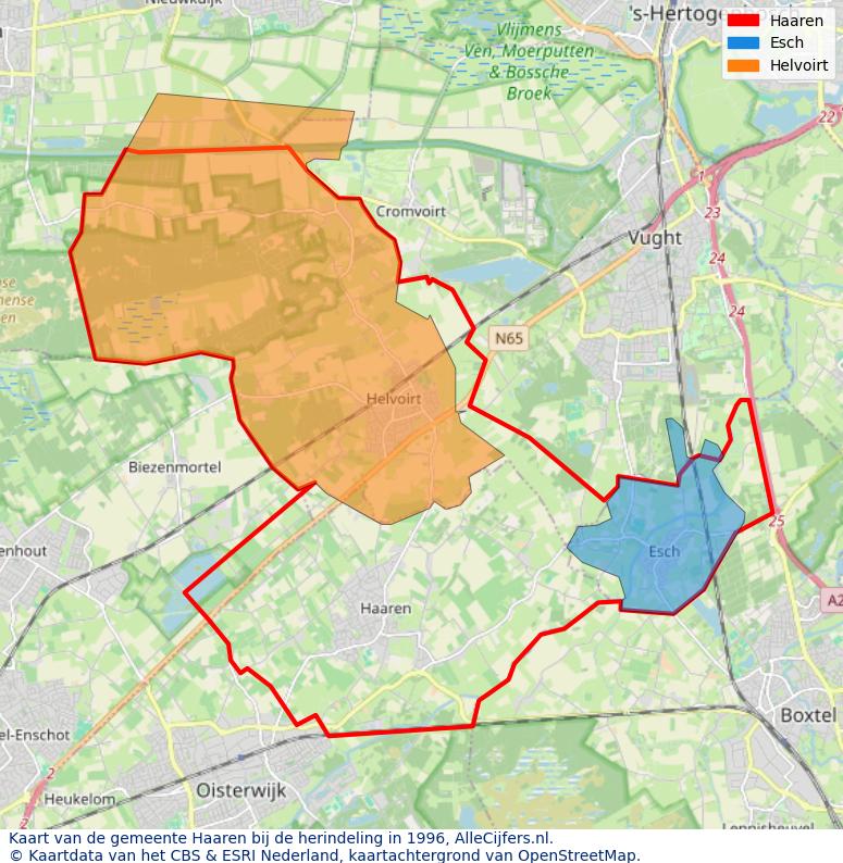 Afbeelding met een achtergrondkaart van OpenStreetMap en daarbovenop geometrische vormen van de gemeentelijke gebieden uit de data van het CBS. De geometrische vormen (polygonen) geven met eigen kleuren per gemeente de herindelingssituatie weer.