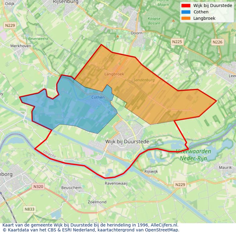 Afbeelding met een achtergrondkaart van OpenStreetMap en daarbovenop geometrische vormen van de gemeentelijke gebieden uit de data van het CBS. De geometrische vormen (polygonen) geven met eigen kleuren per gemeente de herindelingssituatie weer.