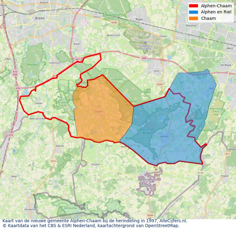 Afbeelding met een achtergrondkaart van OpenStreetMap en daarbovenop geometrische vormen van de gemeentelijke gebieden uit de data van het CBS. De geometrische vormen (polygonen) geven met eigen kleuren per gemeente de herindelingssituatie weer.