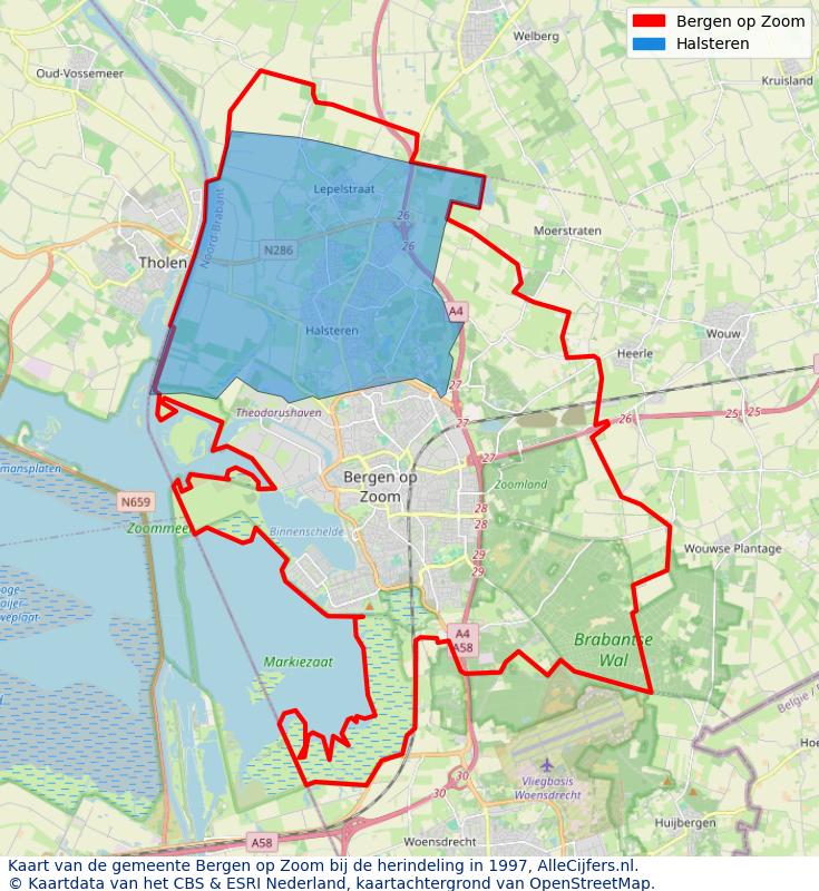 Afbeelding met een achtergrondkaart van OpenStreetMap en daarbovenop geometrische vormen van de gemeentelijke gebieden uit de data van het CBS. De geometrische vormen (polygonen) geven met eigen kleuren per gemeente de herindelingssituatie weer.