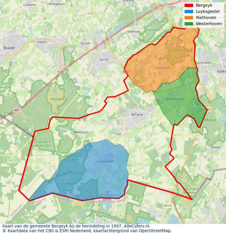 Afbeelding met een achtergrondkaart van OpenStreetMap en daarbovenop geometrische vormen van de gemeentelijke gebieden uit de data van het CBS. De geometrische vormen (polygonen) geven met eigen kleuren per gemeente de herindelingssituatie weer.