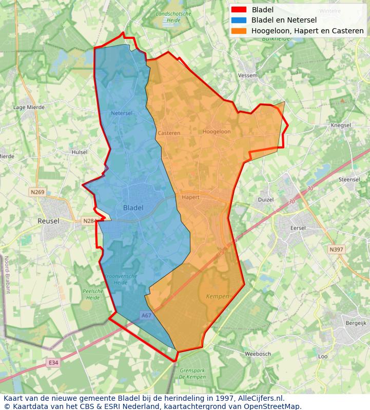 Afbeelding met een achtergrondkaart van OpenStreetMap en daarbovenop geometrische vormen van de gemeentelijke gebieden uit de data van het CBS. De geometrische vormen (polygonen) geven met eigen kleuren per gemeente de herindelingssituatie weer.