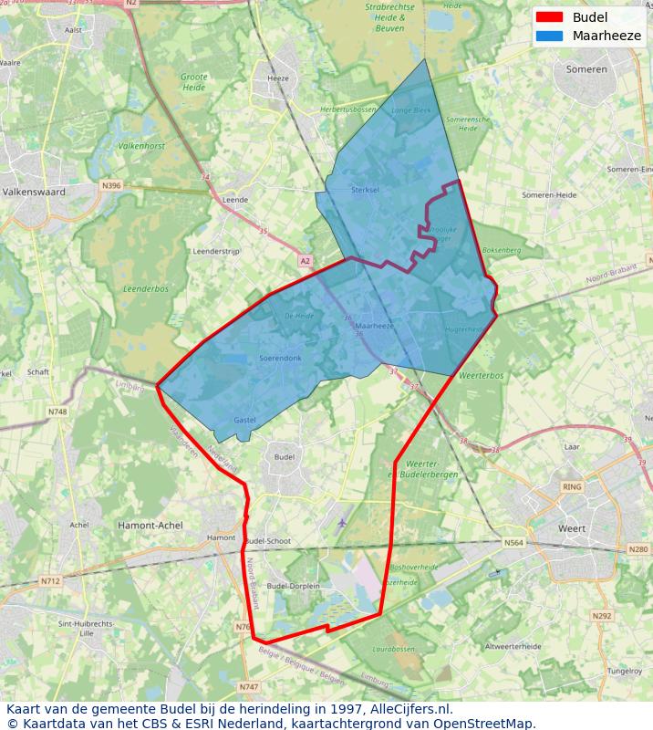 Afbeelding met een achtergrondkaart van OpenStreetMap en daarbovenop geometrische vormen van de gemeentelijke gebieden uit de data van het CBS. De geometrische vormen (polygonen) geven met eigen kleuren per gemeente de herindelingssituatie weer.