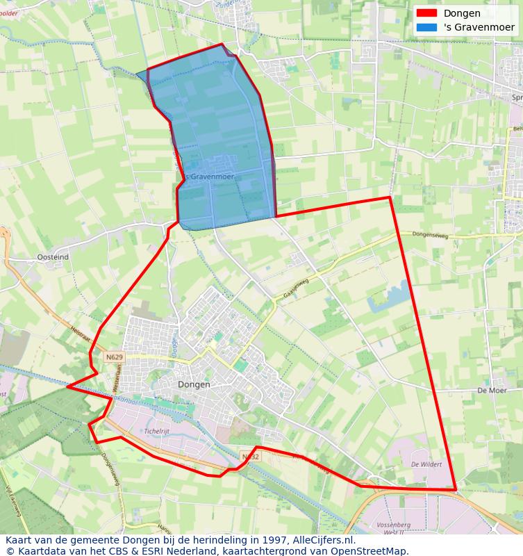 Afbeelding met een achtergrondkaart van OpenStreetMap en daarbovenop geometrische vormen van de gemeentelijke gebieden uit de data van het CBS. De geometrische vormen (polygonen) geven met eigen kleuren per gemeente de herindelingssituatie weer.