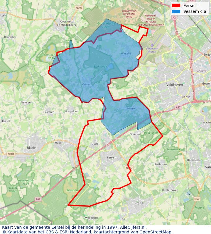 Afbeelding met een achtergrondkaart van OpenStreetMap en daarbovenop geometrische vormen van de gemeentelijke gebieden uit de data van het CBS. De geometrische vormen (polygonen) geven met eigen kleuren per gemeente de herindelingssituatie weer.