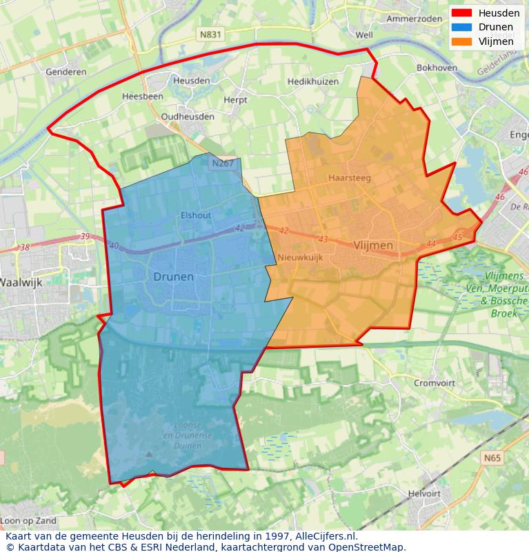 Afbeelding met een achtergrondkaart van OpenStreetMap en daarbovenop geometrische vormen van de gemeentelijke gebieden uit de data van het CBS. De geometrische vormen (polygonen) geven met eigen kleuren per gemeente de herindelingssituatie weer.