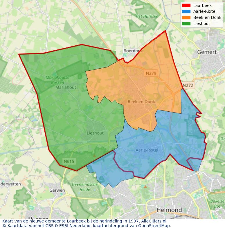 Afbeelding met een achtergrondkaart van OpenStreetMap en daarbovenop geometrische vormen van de gemeentelijke gebieden uit de data van het CBS. De geometrische vormen (polygonen) geven met eigen kleuren per gemeente de herindelingssituatie weer.