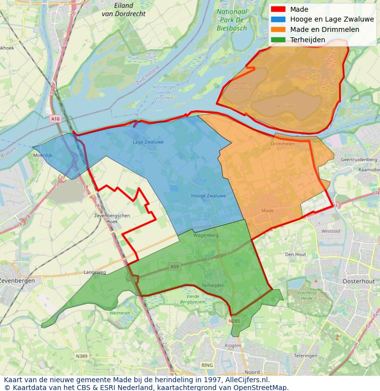 Afbeelding met een achtergrondkaart van OpenStreetMap en daarbovenop geometrische vormen van de gemeentelijke gebieden uit de data van het CBS. De geometrische vormen (polygonen) geven met eigen kleuren per gemeente de herindelingssituatie weer.