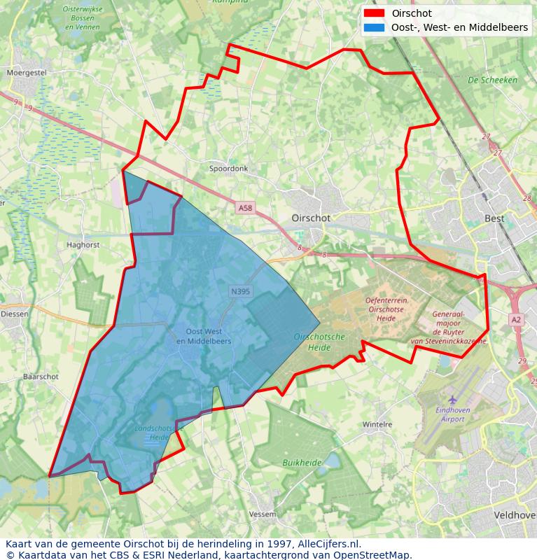 Afbeelding met een achtergrondkaart van OpenStreetMap en daarbovenop geometrische vormen van de gemeentelijke gebieden uit de data van het CBS. De geometrische vormen (polygonen) geven met eigen kleuren per gemeente de herindelingssituatie weer.