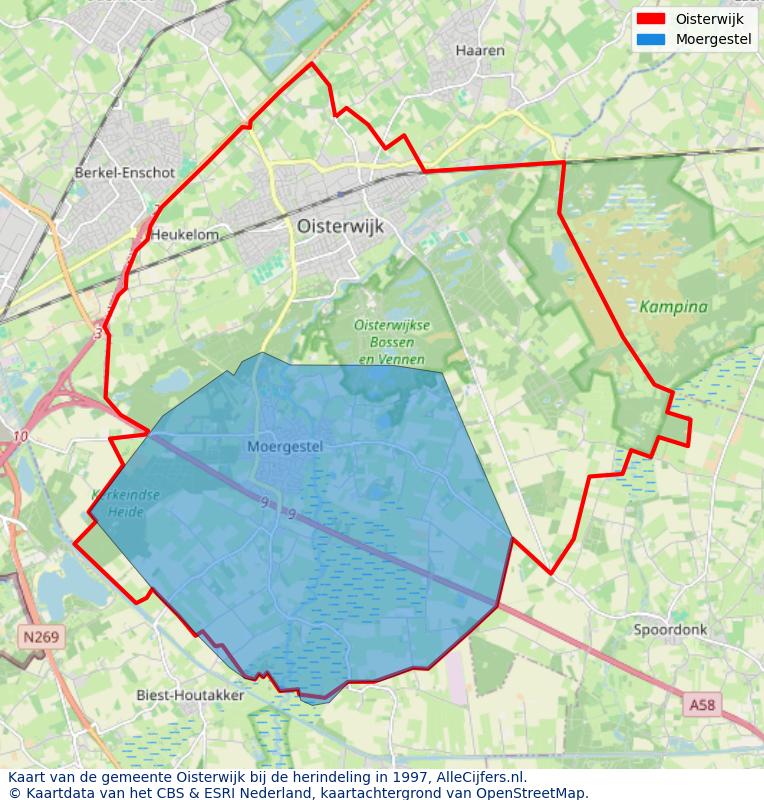Afbeelding met een achtergrondkaart van OpenStreetMap en daarbovenop geometrische vormen van de gemeentelijke gebieden uit de data van het CBS. De geometrische vormen (polygonen) geven met eigen kleuren per gemeente de herindelingssituatie weer.
