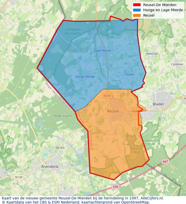 Afbeelding met een achtergrondkaart van OpenStreetMap en daarbovenop geometrische vormen van de gemeentelijke gebieden uit de data van het CBS. De geometrische vormen (polygonen) geven met eigen kleuren per gemeente de herindelingssituatie weer.