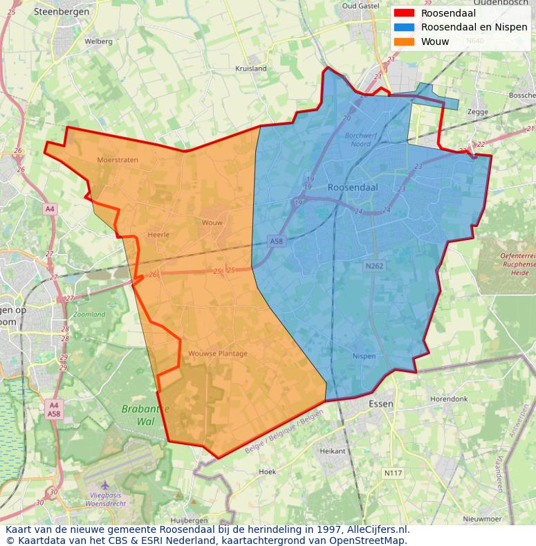 Afbeelding met een achtergrondkaart van OpenStreetMap en daarbovenop geometrische vormen van de gemeentelijke gebieden uit de data van het CBS. De geometrische vormen (polygonen) geven met eigen kleuren per gemeente de herindelingssituatie weer.
