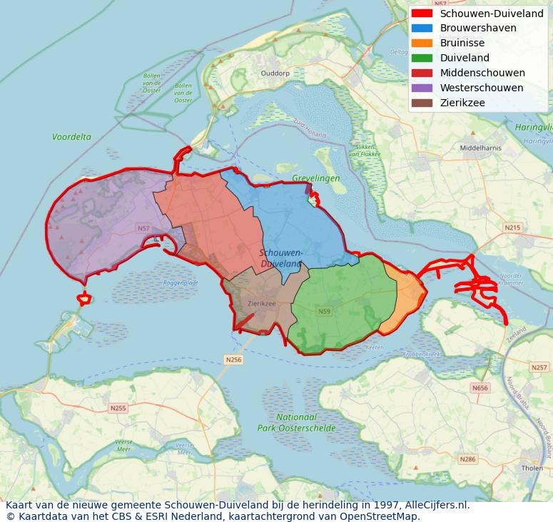 Afbeelding met een achtergrondkaart van OpenStreetMap en daarbovenop geometrische vormen van de gemeentelijke gebieden uit de data van het CBS. De geometrische vormen (polygonen) geven met eigen kleuren per gemeente de herindelingssituatie weer.