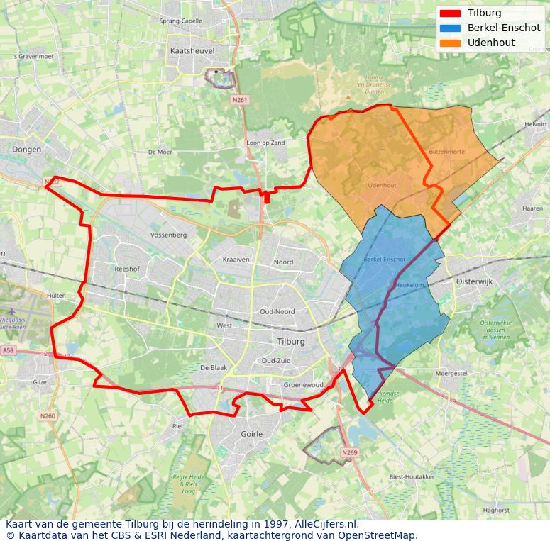 Afbeelding met een achtergrondkaart van OpenStreetMap en daarbovenop geometrische vormen van de gemeentelijke gebieden uit de data van het CBS. De geometrische vormen (polygonen) geven met eigen kleuren per gemeente de herindelingssituatie weer.