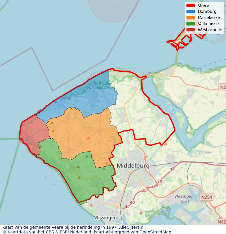 Afbeelding met een achtergrondkaart van OpenStreetMap en daarbovenop geometrische vormen van de gemeentelijke gebieden uit de data van het CBS. De geometrische vormen (polygonen) geven met eigen kleuren per gemeente de herindelingssituatie weer.