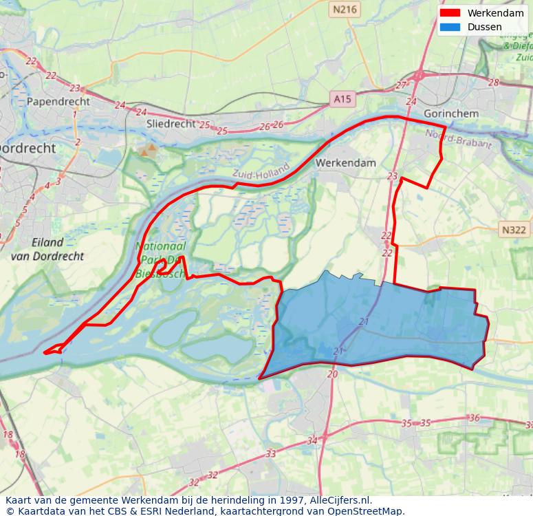 Afbeelding met een achtergrondkaart van OpenStreetMap en daarbovenop geometrische vormen van de gemeentelijke gebieden uit de data van het CBS. De geometrische vormen (polygonen) geven met eigen kleuren per gemeente de herindelingssituatie weer.