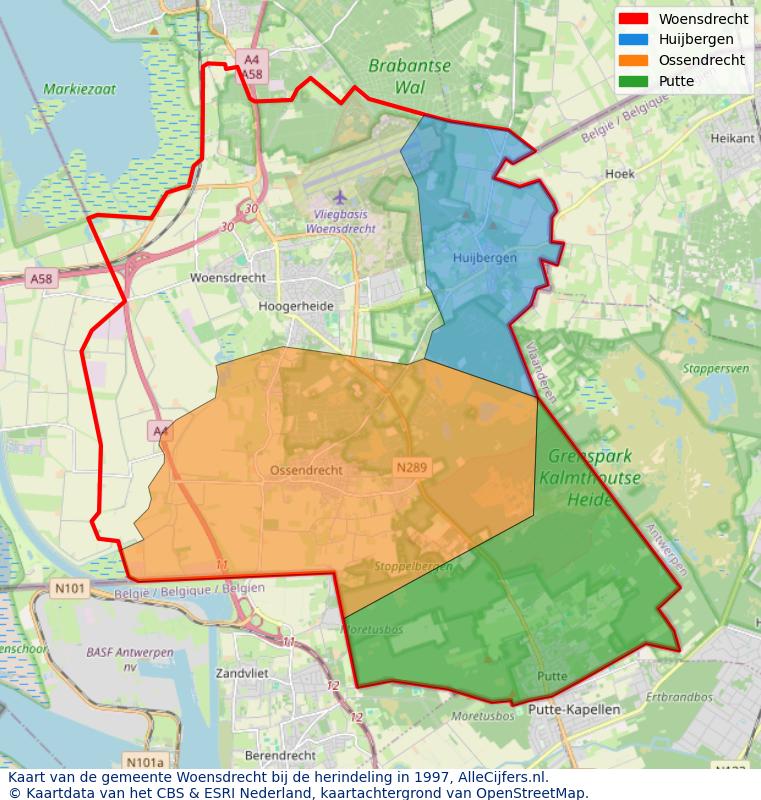 Afbeelding met een achtergrondkaart van OpenStreetMap en daarbovenop geometrische vormen van de gemeentelijke gebieden uit de data van het CBS. De geometrische vormen (polygonen) geven met eigen kleuren per gemeente de herindelingssituatie weer.