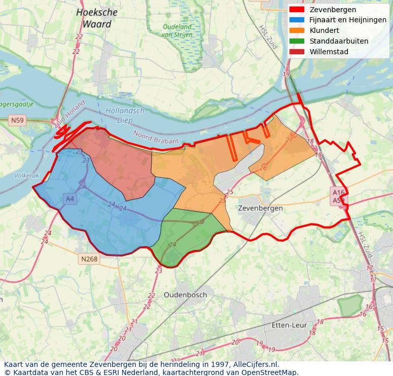 Afbeelding met een achtergrondkaart van OpenStreetMap en daarbovenop geometrische vormen van de gemeentelijke gebieden uit de data van het CBS. De geometrische vormen (polygonen) geven met eigen kleuren per gemeente de herindelingssituatie weer.