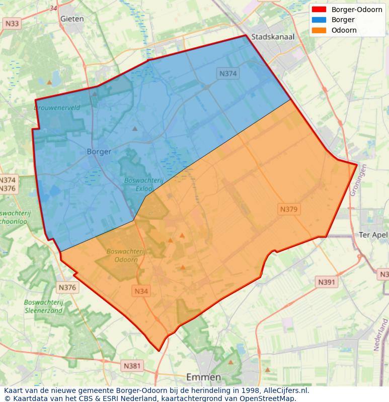 Afbeelding met een achtergrondkaart van OpenStreetMap en daarbovenop geometrische vormen van de gemeentelijke gebieden uit de data van het CBS. De geometrische vormen (polygonen) geven met eigen kleuren per gemeente de herindelingssituatie weer.