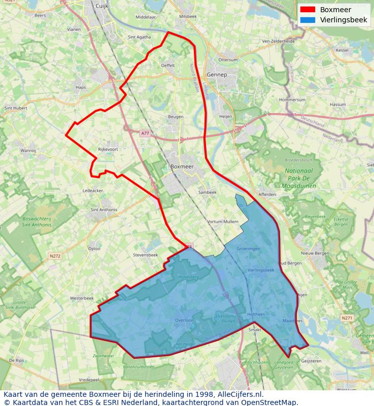 Afbeelding met een achtergrondkaart van OpenStreetMap en daarbovenop geometrische vormen van de gemeentelijke gebieden uit de data van het CBS. De geometrische vormen (polygonen) geven met eigen kleuren per gemeente de herindelingssituatie weer.