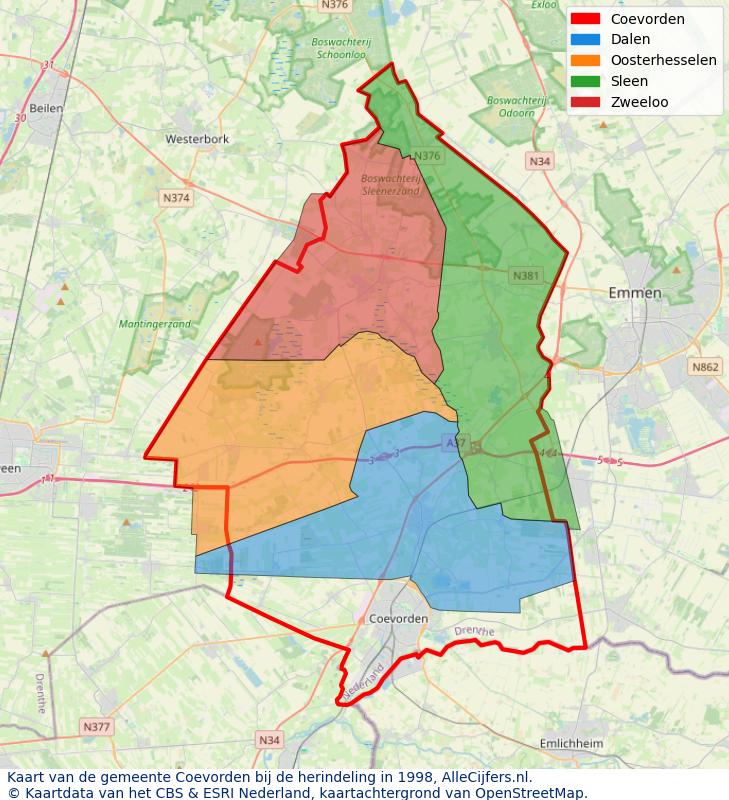 Afbeelding met een achtergrondkaart van OpenStreetMap en daarbovenop geometrische vormen van de gemeentelijke gebieden uit de data van het CBS. De geometrische vormen (polygonen) geven met eigen kleuren per gemeente de herindelingssituatie weer.