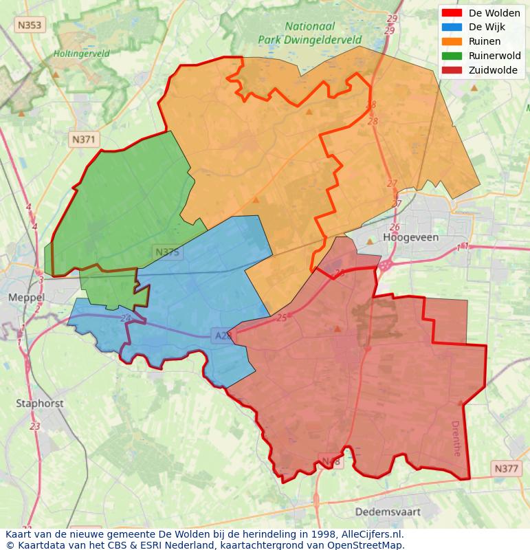 Afbeelding met een achtergrondkaart van OpenStreetMap en daarbovenop geometrische vormen van de gemeentelijke gebieden uit de data van het CBS. De geometrische vormen (polygonen) geven met eigen kleuren per gemeente de herindelingssituatie weer.