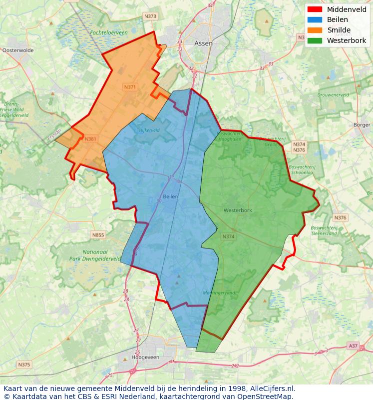 Afbeelding met een achtergrondkaart van OpenStreetMap en daarbovenop geometrische vormen van de gemeentelijke gebieden uit de data van het CBS. De geometrische vormen (polygonen) geven met eigen kleuren per gemeente de herindelingssituatie weer.