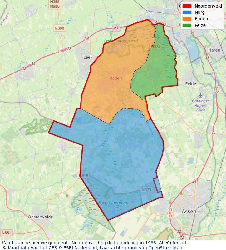Afbeelding met een achtergrondkaart van OpenStreetMap en daarbovenop geometrische vormen van de gemeentelijke gebieden uit de data van het CBS. De geometrische vormen (polygonen) geven met eigen kleuren per gemeente de herindelingssituatie weer.