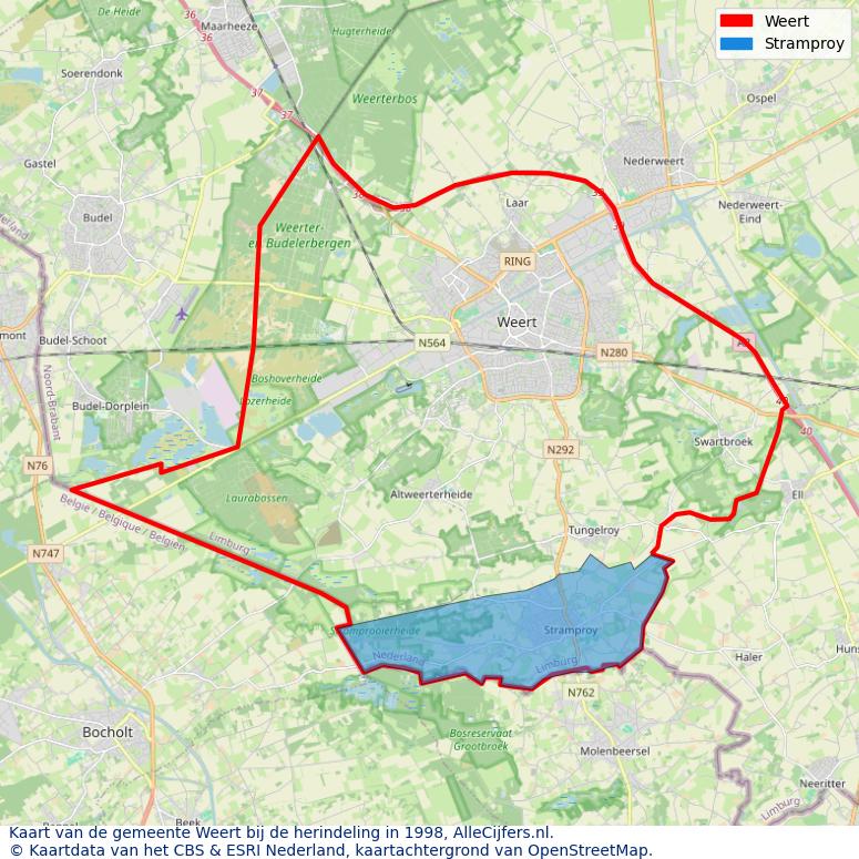 Afbeelding met een achtergrondkaart van OpenStreetMap en daarbovenop geometrische vormen van de gemeentelijke gebieden uit de data van het CBS. De geometrische vormen (polygonen) geven met eigen kleuren per gemeente de herindelingssituatie weer.