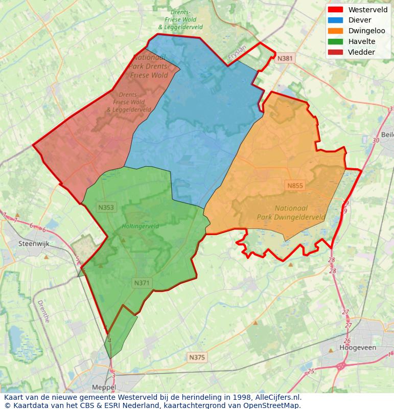 Afbeelding met een achtergrondkaart van OpenStreetMap en daarbovenop geometrische vormen van de gemeentelijke gebieden uit de data van het CBS. De geometrische vormen (polygonen) geven met eigen kleuren per gemeente de herindelingssituatie weer.