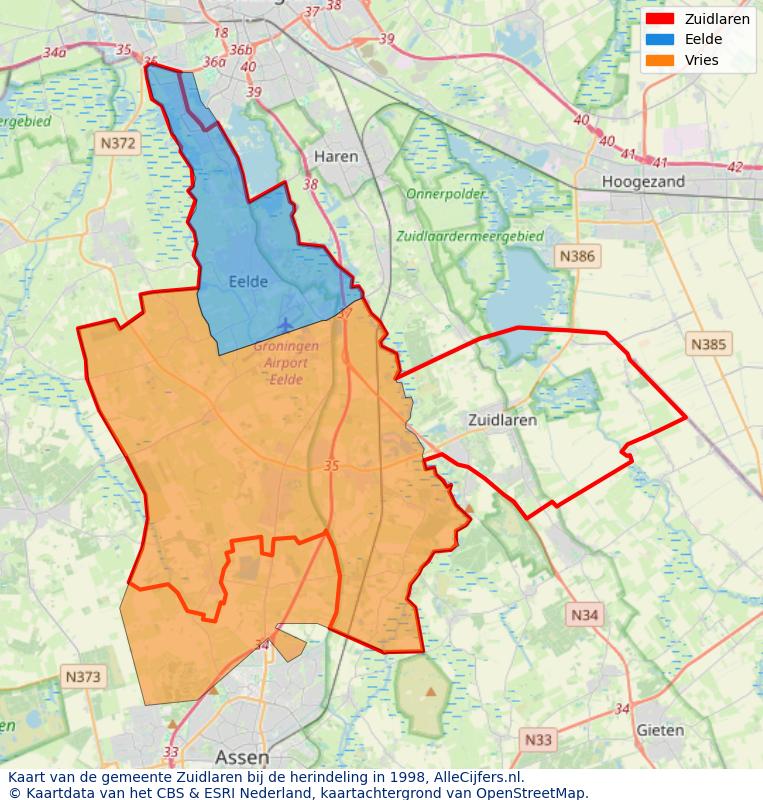 Afbeelding met een achtergrondkaart van OpenStreetMap en daarbovenop geometrische vormen van de gemeentelijke gebieden uit de data van het CBS. De geometrische vormen (polygonen) geven met eigen kleuren per gemeente de herindelingssituatie weer.