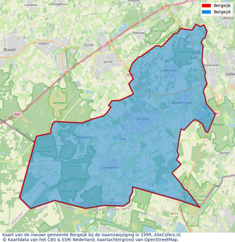 Afbeelding met een achtergrondkaart van OpenStreetMap en daarbovenop geometrische vormen van de gemeentelijke gebieden uit de data van het CBS. De geometrische vormen (polygonen) geven met eigen kleuren per gemeente de herindelingssituatie weer.
