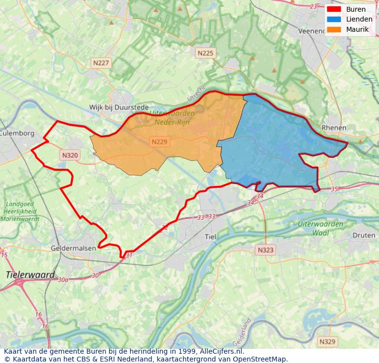 Afbeelding met een achtergrondkaart van OpenStreetMap en daarbovenop geometrische vormen van de gemeentelijke gebieden uit de data van het CBS. De geometrische vormen (polygonen) geven met eigen kleuren per gemeente de herindelingssituatie weer.