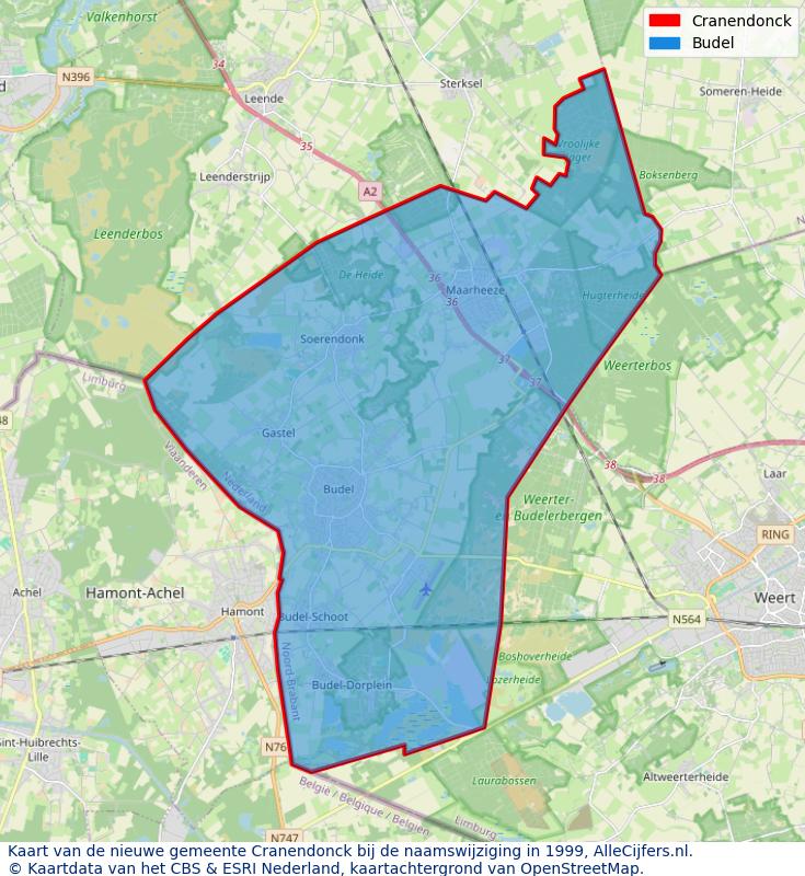 Afbeelding met een achtergrondkaart van OpenStreetMap en daarbovenop geometrische vormen van de gemeentelijke gebieden uit de data van het CBS. De geometrische vormen (polygonen) geven met eigen kleuren per gemeente de herindelingssituatie weer.