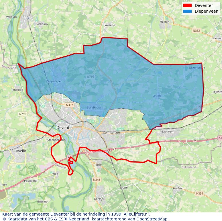 Afbeelding met een achtergrondkaart van OpenStreetMap en daarbovenop geometrische vormen van de gemeentelijke gebieden uit de data van het CBS. De geometrische vormen (polygonen) geven met eigen kleuren per gemeente de herindelingssituatie weer.
